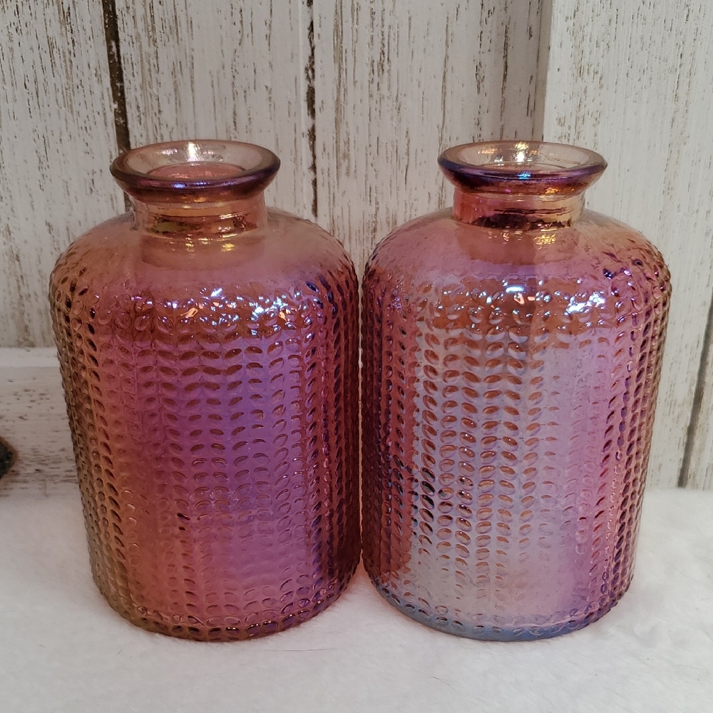 Elegant Pink Iridescent Textured Glass Bottles Bud Vases Set of 2